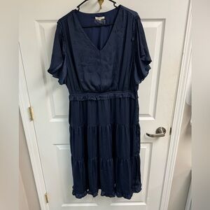 Tea N Rose Navy V-Neck Tiered Midi Dress Sateen Shimmery Boho Cottage Core 2X